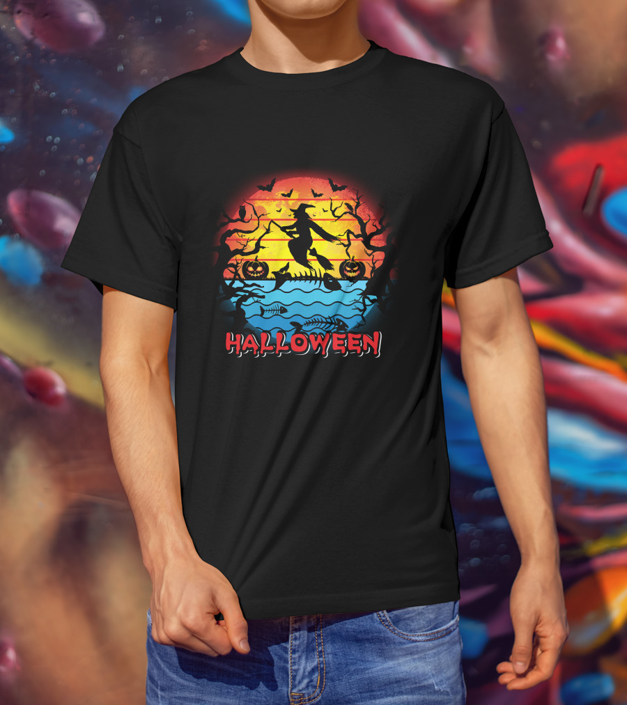 Halloween Witch And Fish Bone Sunset Scene T-Shirt