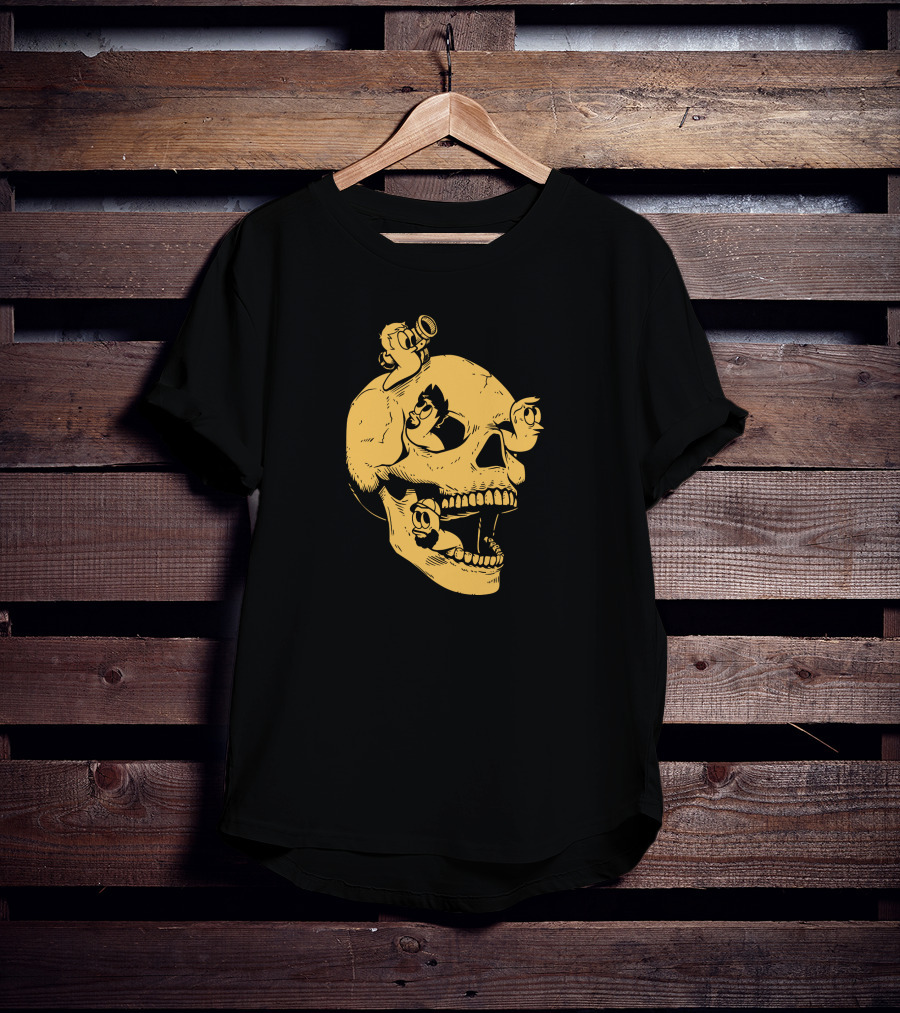 Sweet Skull Gold Variant With Worms And Cartoon Characters T-Shirt