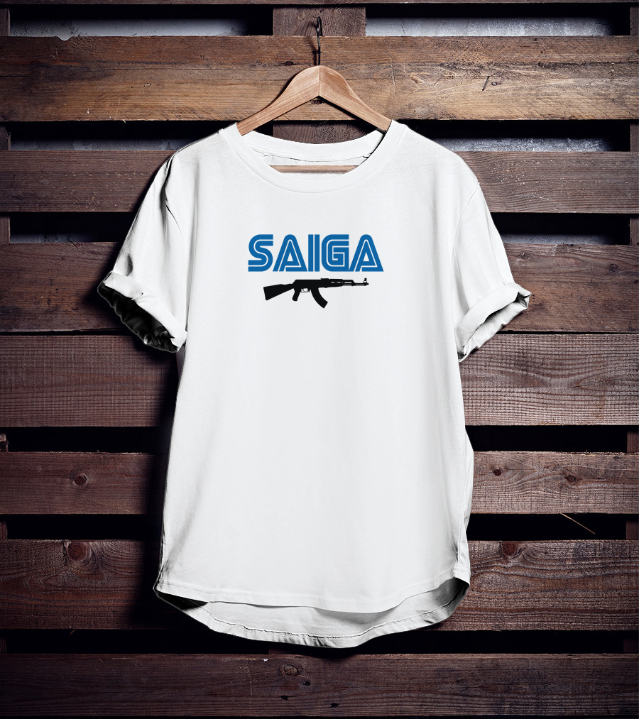 SAIGA AK47 Rifle Bold Blue Text T-Shirt