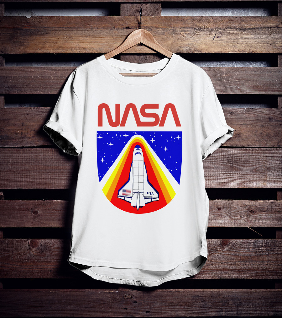 NASA Red Spaceship Emblem With Stars And Rainbow Trail T-Shirt