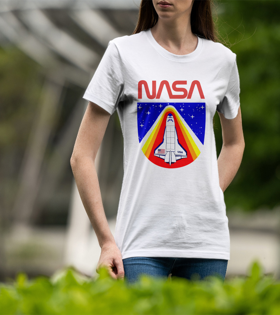 NASA Red Spaceship Emblem With Stars And Rainbow Trail T-Shirt