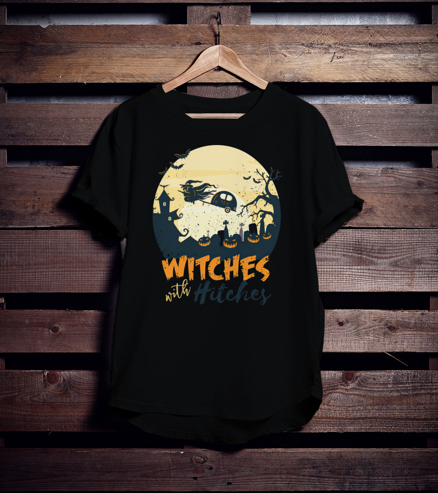 Witches With Hitches Halloween Camper Scene With Flying Broomstick And Spooky Graveyard T-Shirt