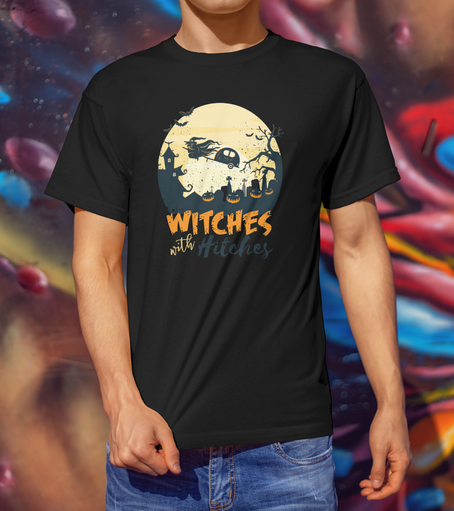 Witches With Hitches Halloween Camper Scene With Flying Broomstick And Spooky Graveyard T-Shirt