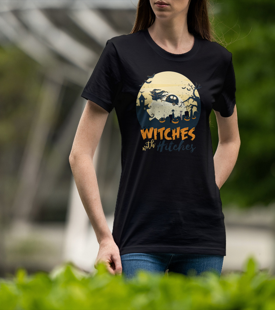 Witches With Hitches Halloween Camper Scene With Flying Broomstick And Spooky Graveyard T-Shirt