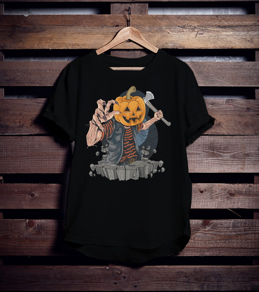 Pumpkin Head Zombie With Axe And Striped Shirt Emerging From Ground T-Shirt