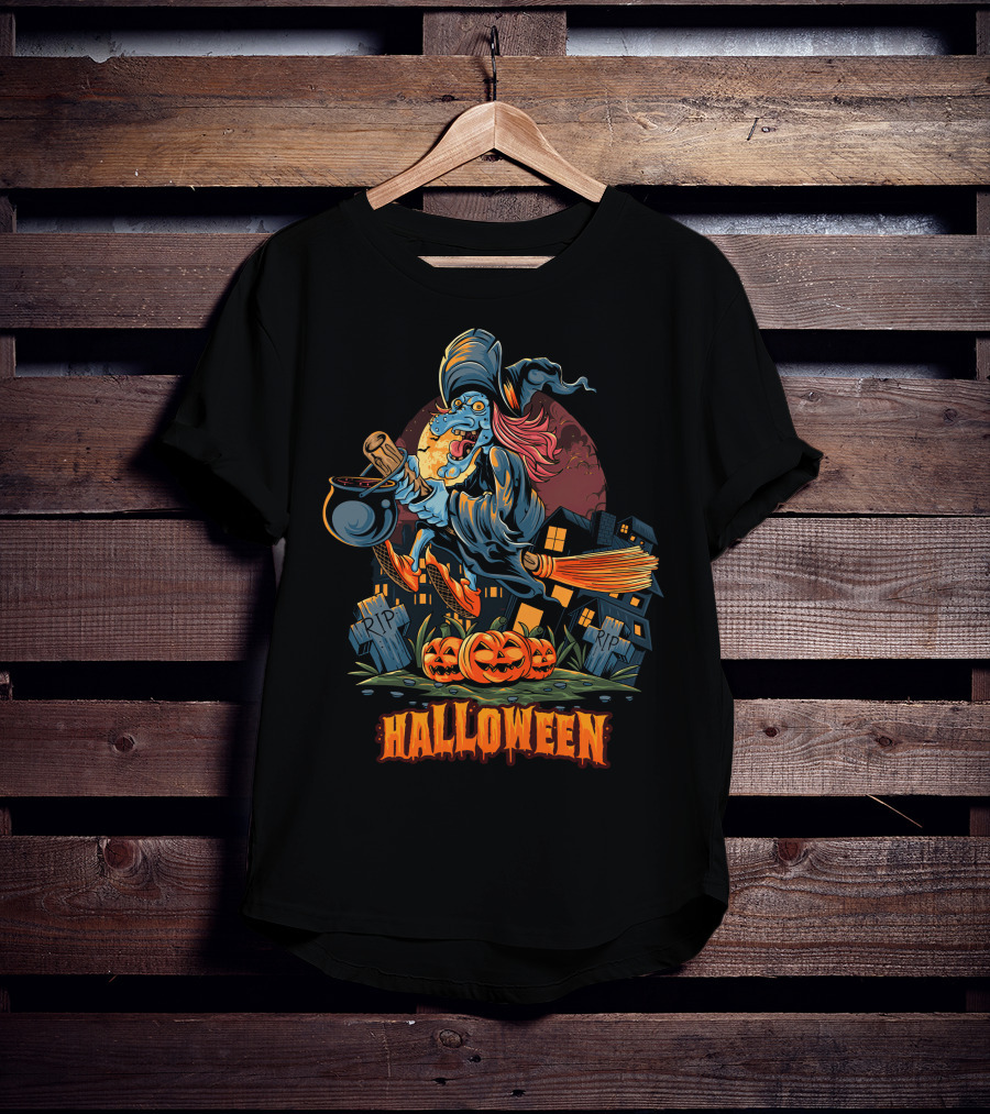 Spooky Halloween Witch Riding Broomstick With Pumpkins And Graveyard T-Shirt