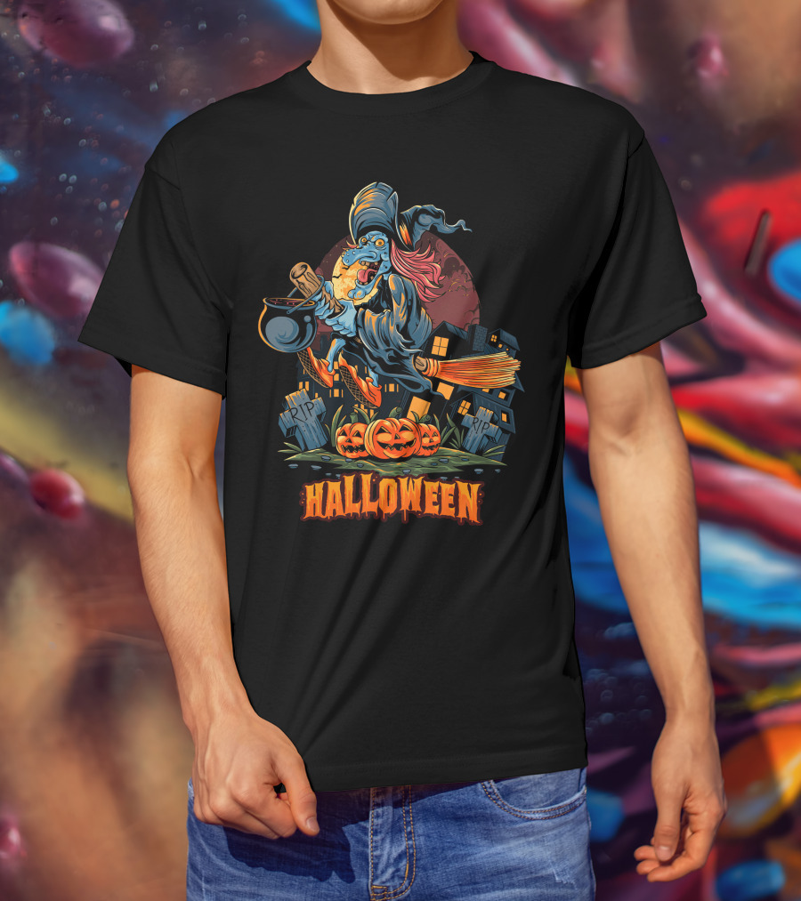Spooky Halloween Witch Riding Broomstick With Pumpkins And Graveyard T-Shirt