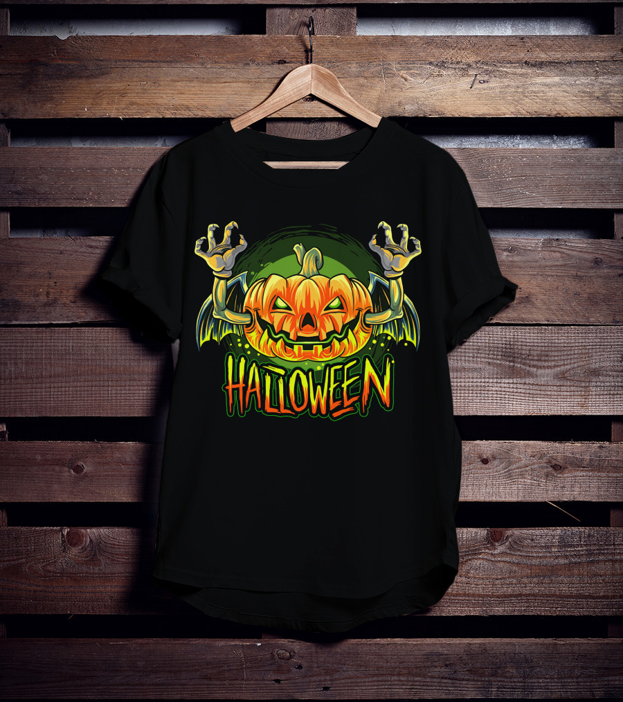 Halloween Pumpkin With Bat Wings And Zombie Hands T-Shirt