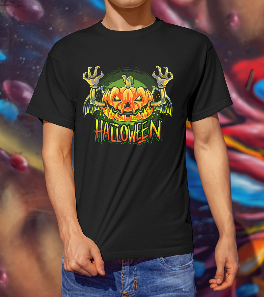 Halloween Pumpkin With Bat Wings And Zombie Hands T-Shirt