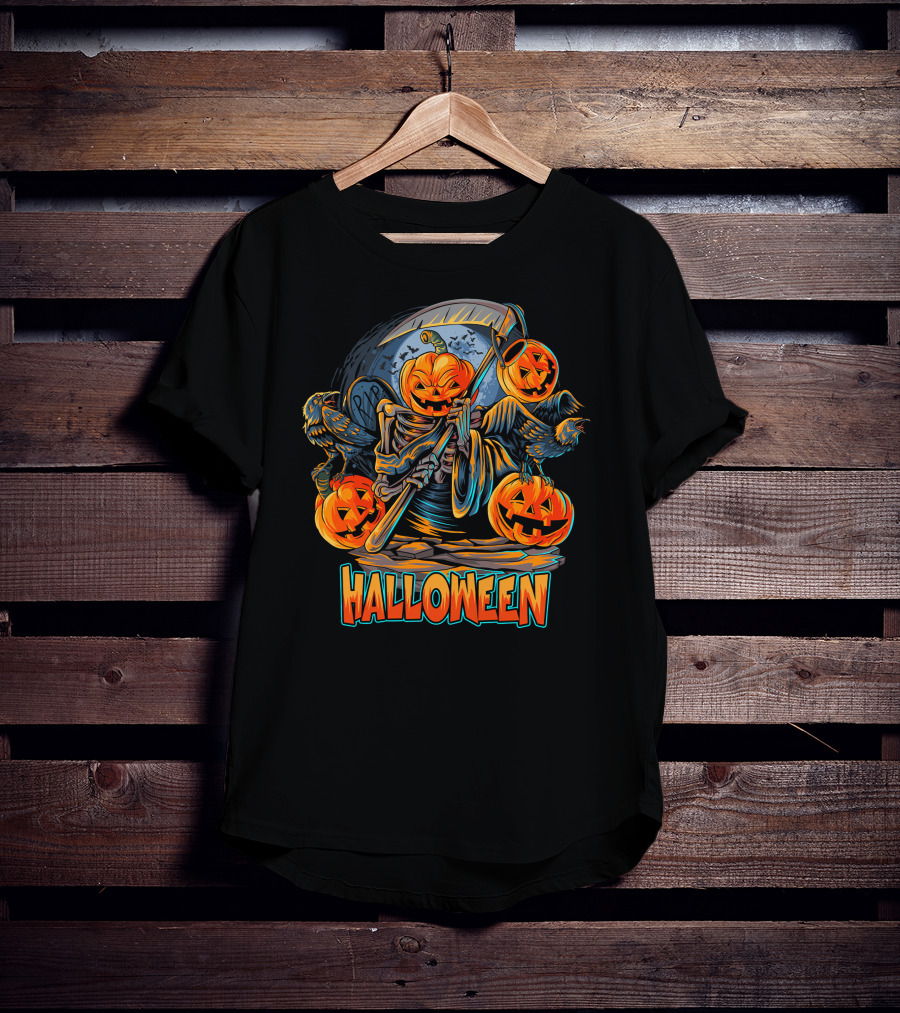 Grim Reaper Jack-O'-Lantern With Scythe And Ravens Halloween Scene T-Shirt
