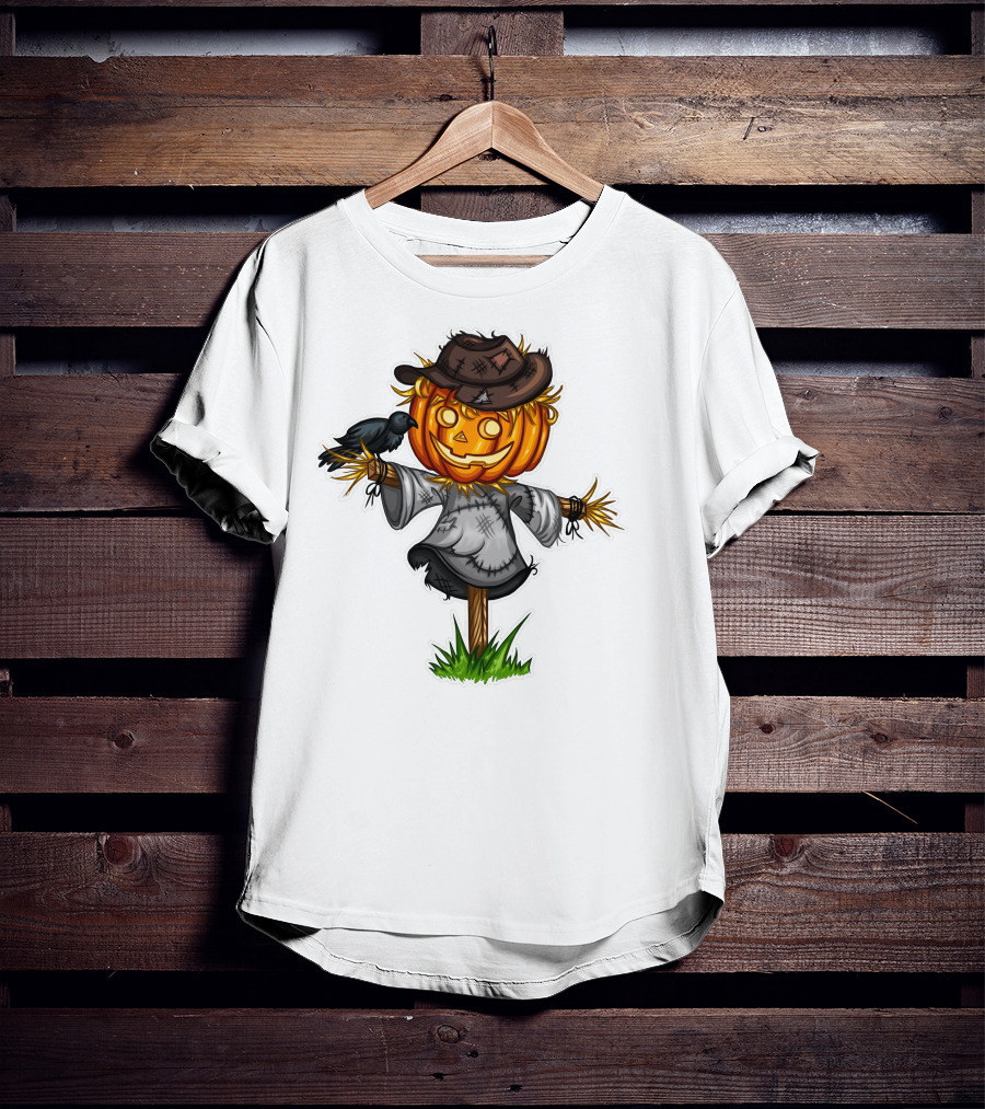 Scarecrow Halloween Pumpkin Head With Crow And Tattered Hat T-Shirt
