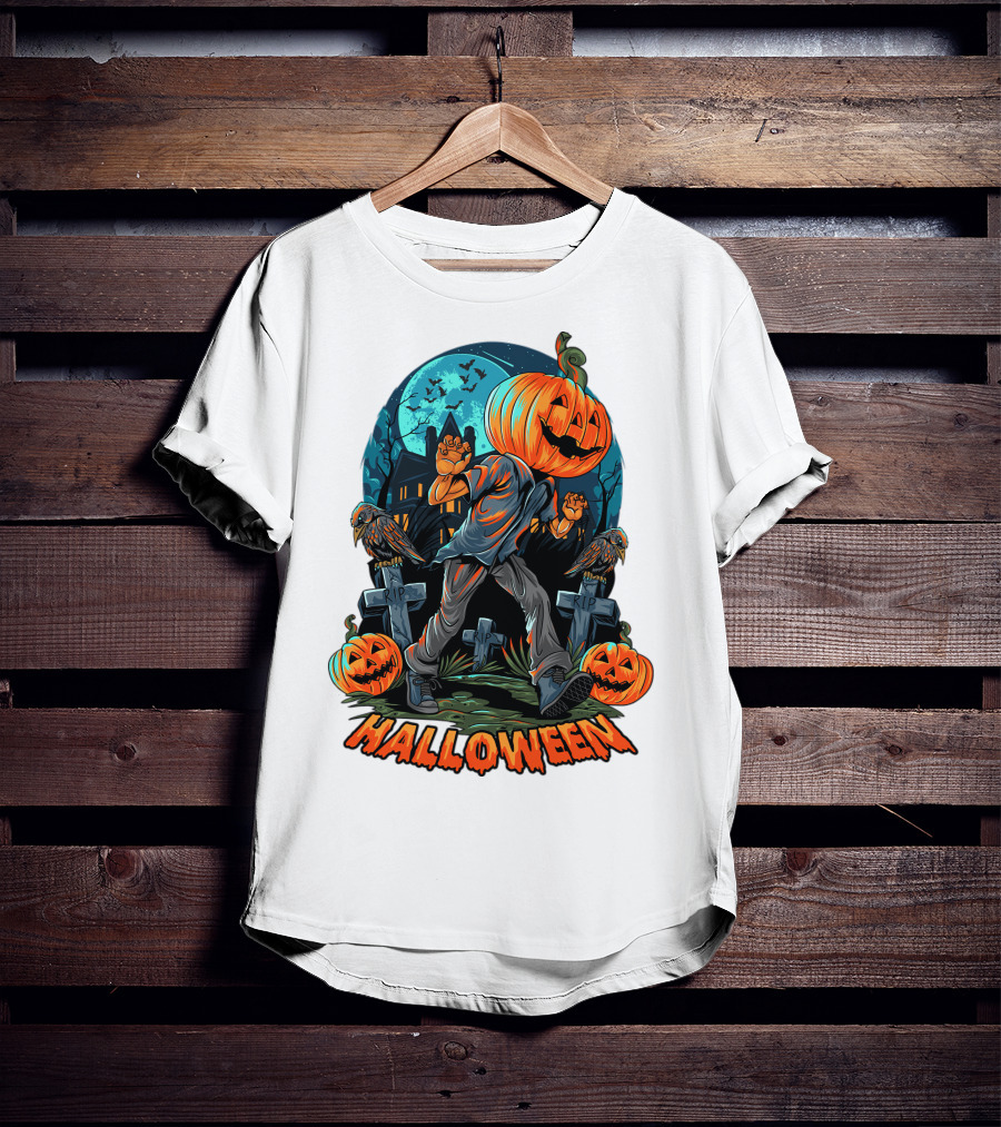 Spooky Halloween Pumpkin Head Costume With Haunted House And Bats T-Shirt