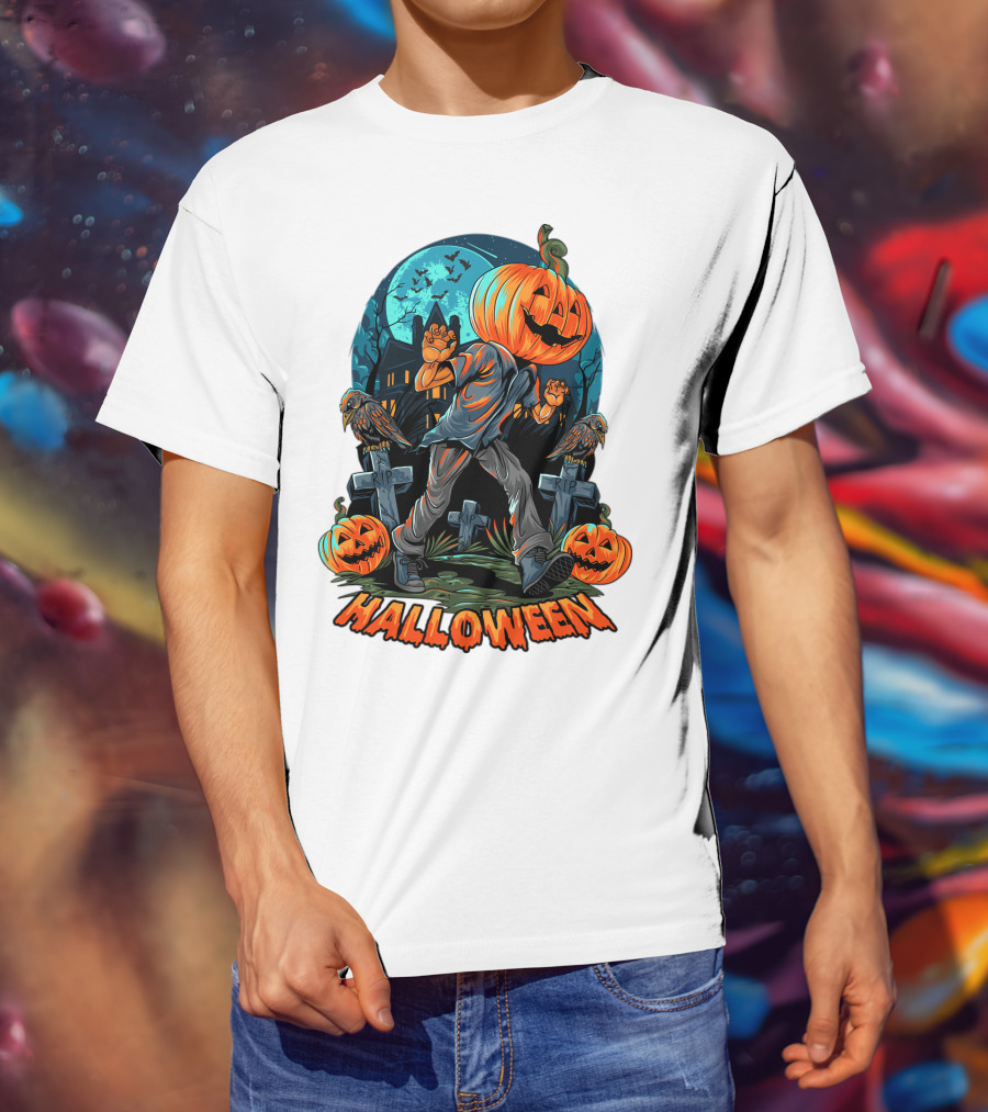 Spooky Halloween Pumpkin Head Costume With Haunted House And Bats T-Shirt