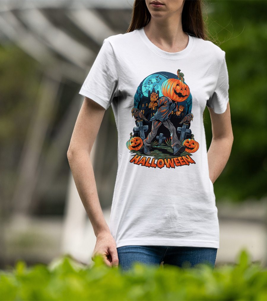 Spooky Halloween Pumpkin Head Costume With Haunted House And Bats T-Shirt