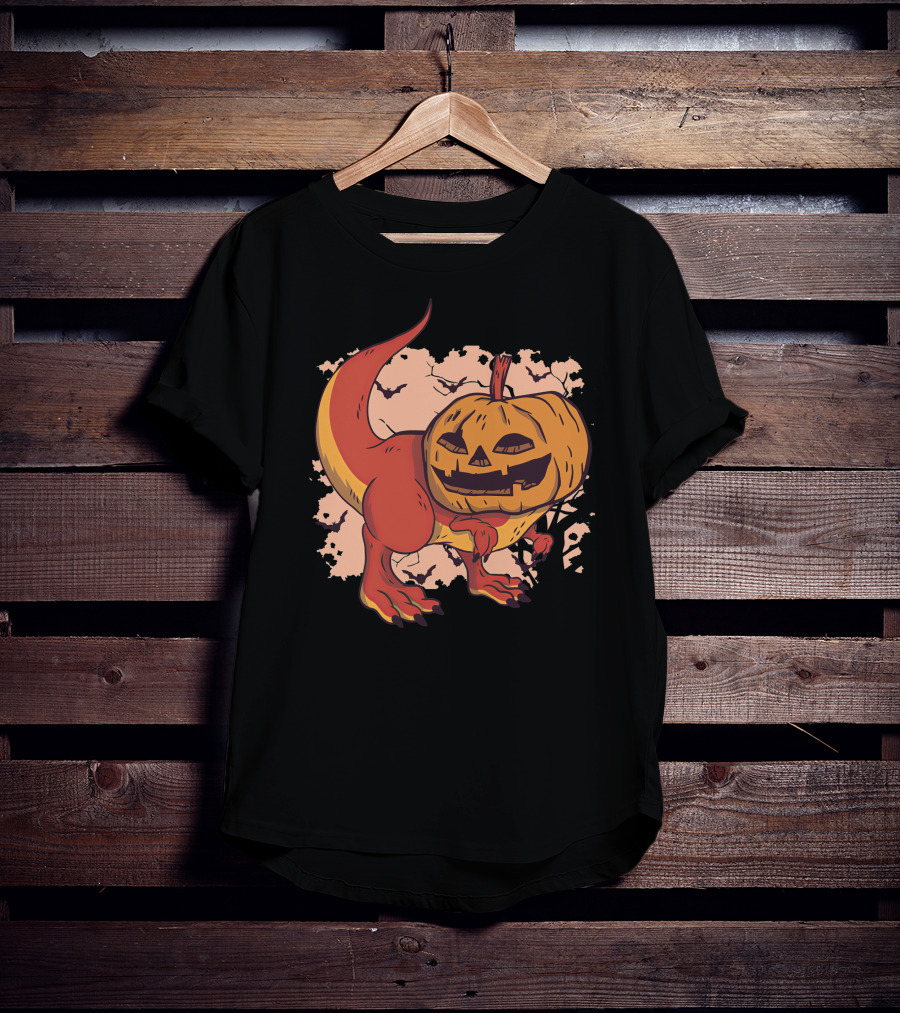 Pumpkin-Head Dinosaur With Jack-O'-Lantern Face And Creepy Background T-Shirt