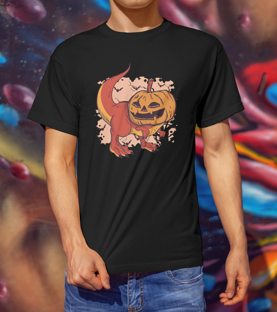 Pumpkin-Head Dinosaur With Jack-O'-Lantern Face And Creepy Background T-Shirt