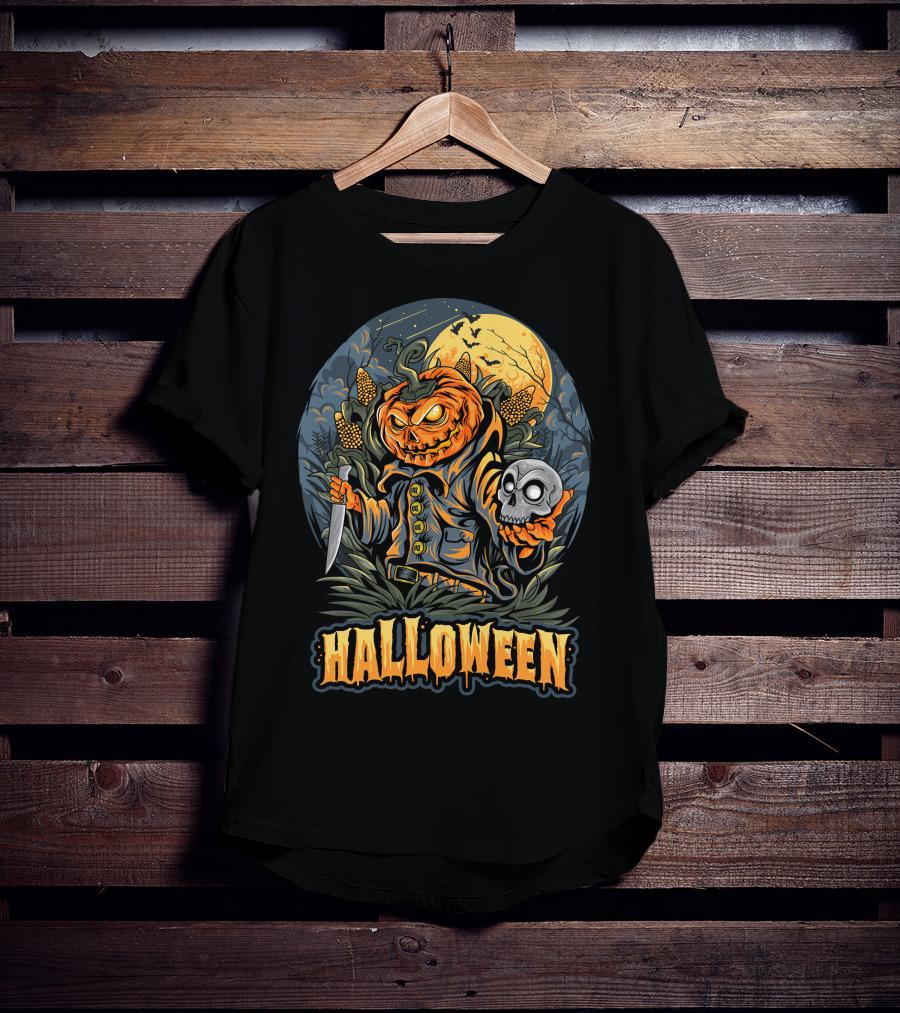 Halloween Pumpkin Head With Knife And Skull In Cornfield Scene T-Shirt