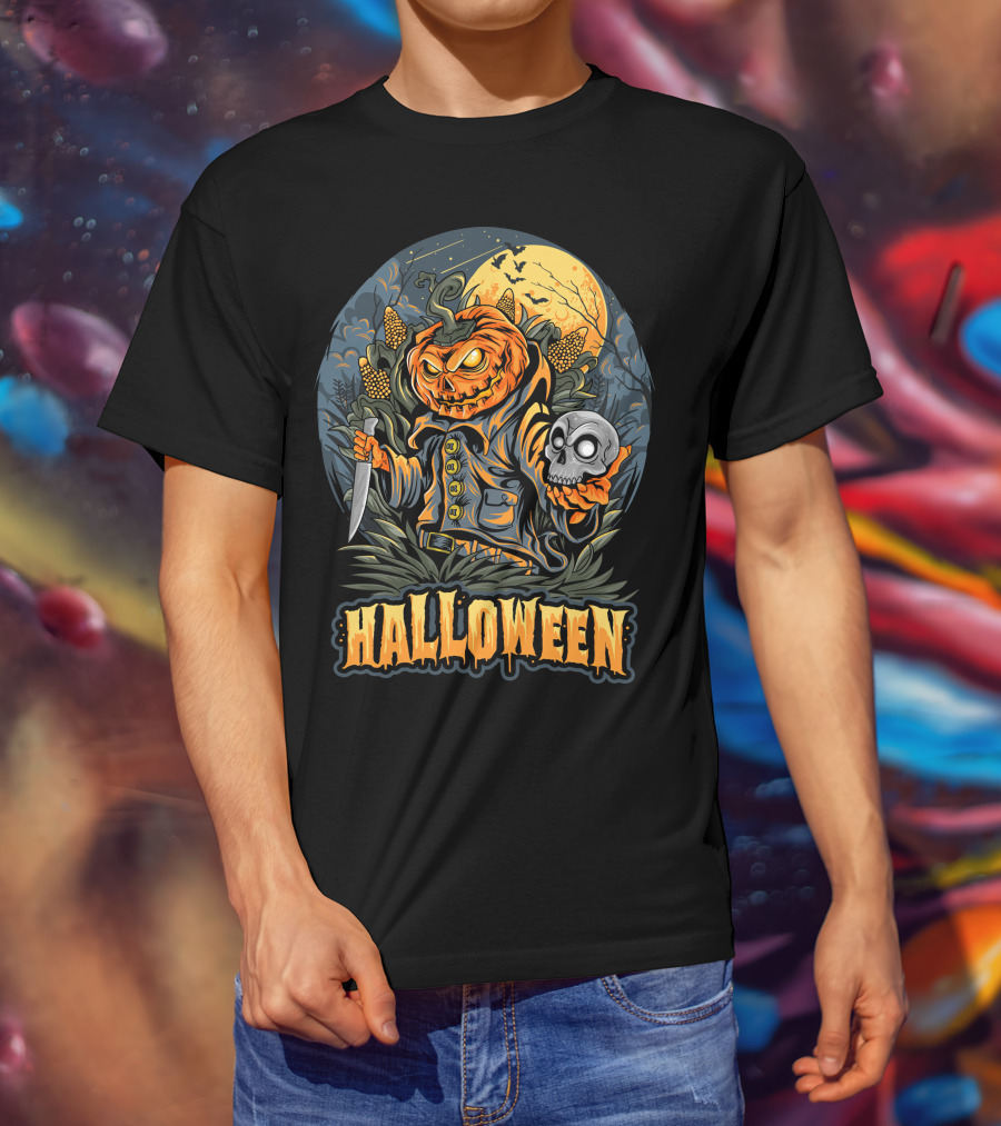 Halloween Pumpkin Head With Knife And Skull In Cornfield Scene T-Shirt