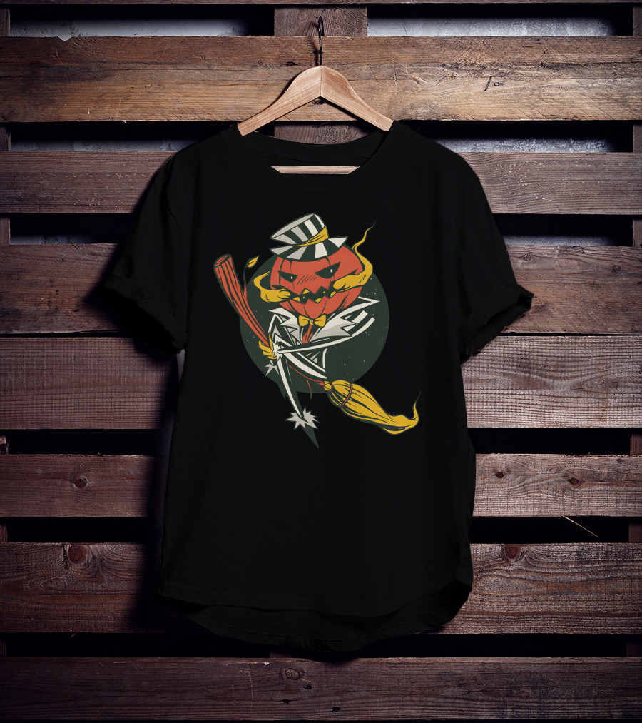 Halloween Pumpkin Skeleton With Striped Hat And Broomstick T-Shirt