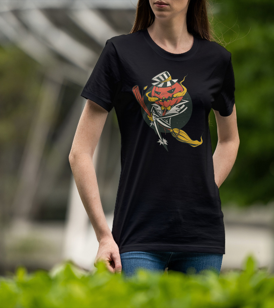 Halloween Pumpkin Skeleton With Striped Hat And Broomstick T-Shirt