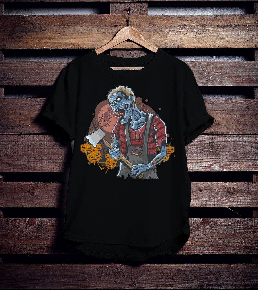 Zombie With Axe And Pumpkins In Spooky Forest T-Shirt