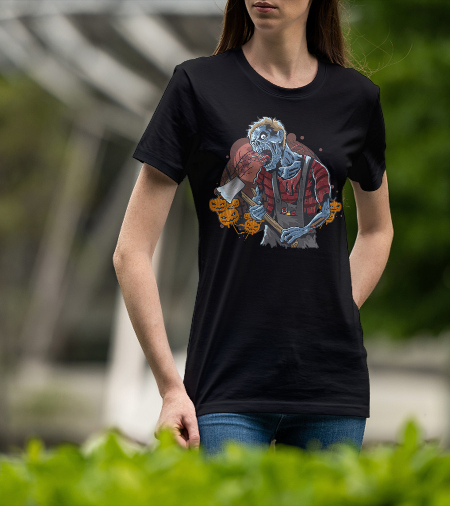 Zombie With Axe And Pumpkins In Spooky Forest T-Shirt
