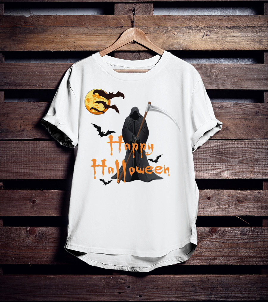 Happy Halloween Grim Reaper With Bats And Moon T-Shirt