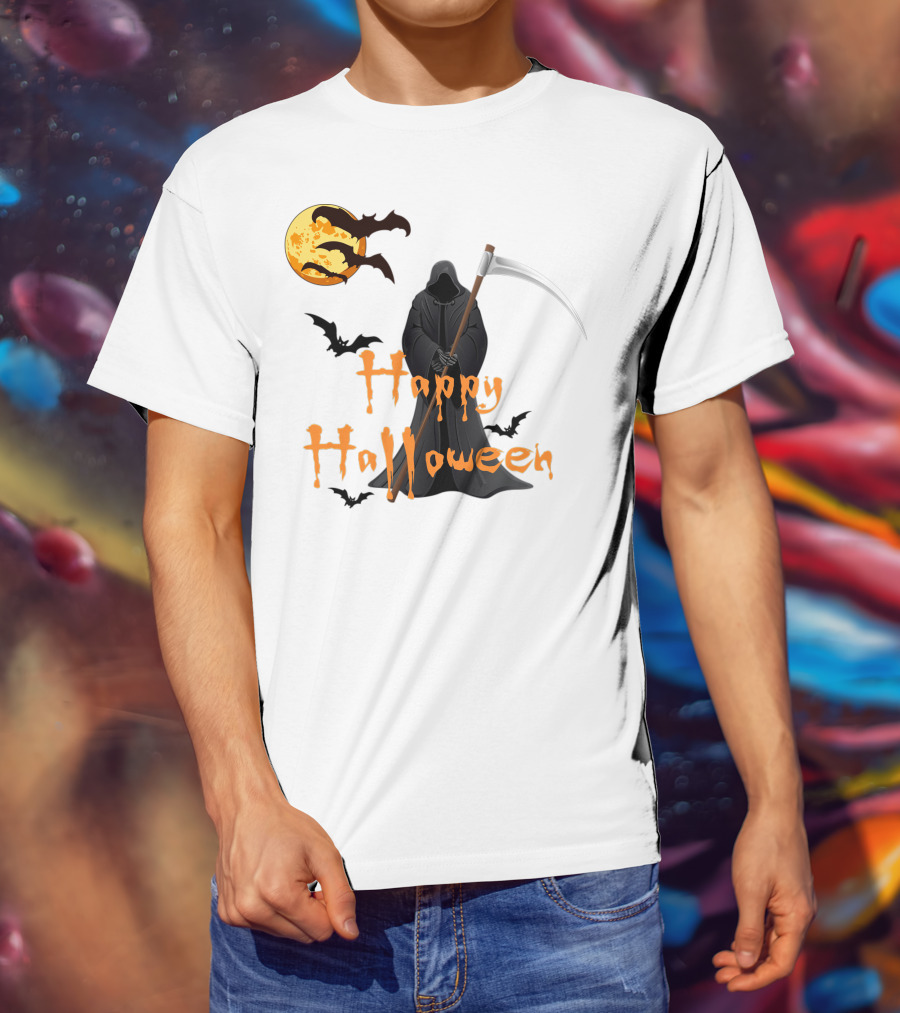 Happy Halloween Grim Reaper With Bats And Moon T-Shirt