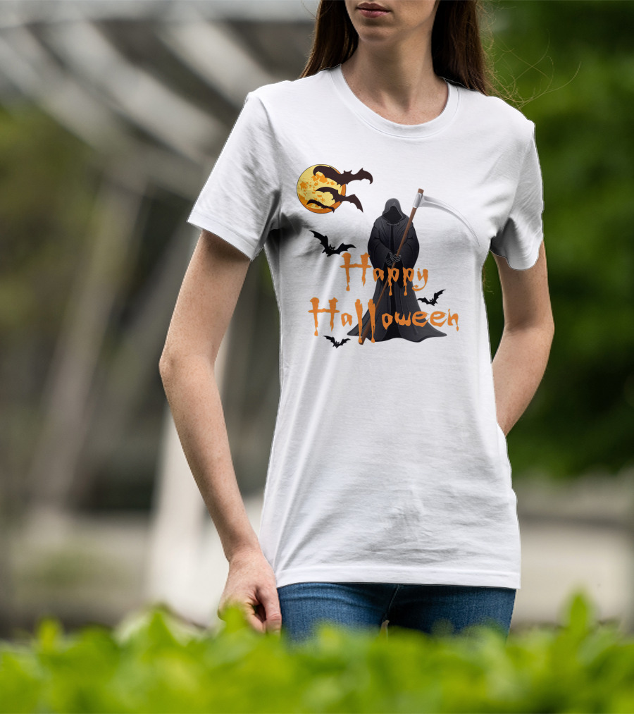 Happy Halloween Grim Reaper With Bats And Moon T-Shirt