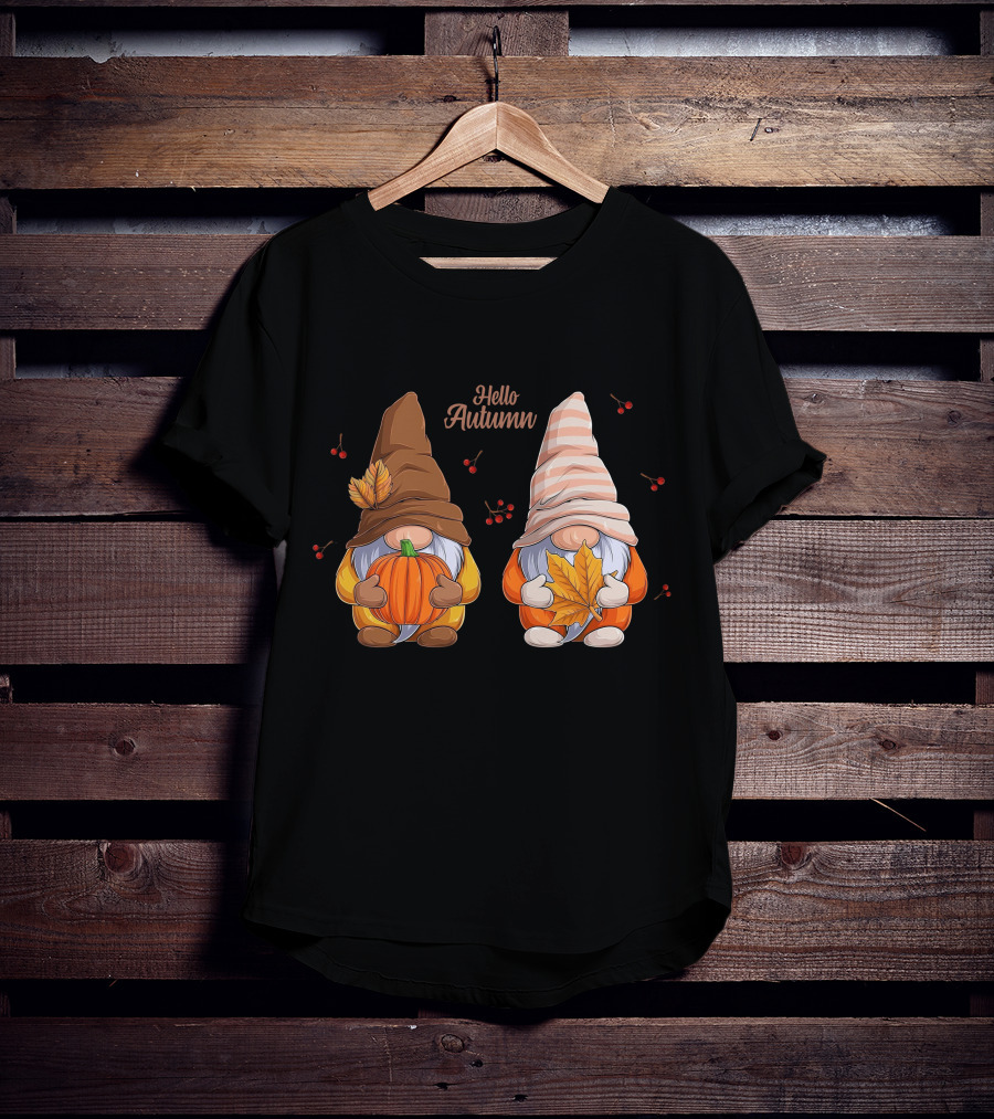 Hello Autumn Gnomes With Pumpkin And Leaf T-Shirt