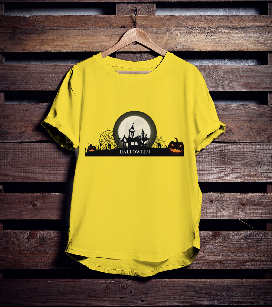 Haunted House And Jack-o'-Lantern Silhouette With Full Moon Halloween Scene T-Shirt