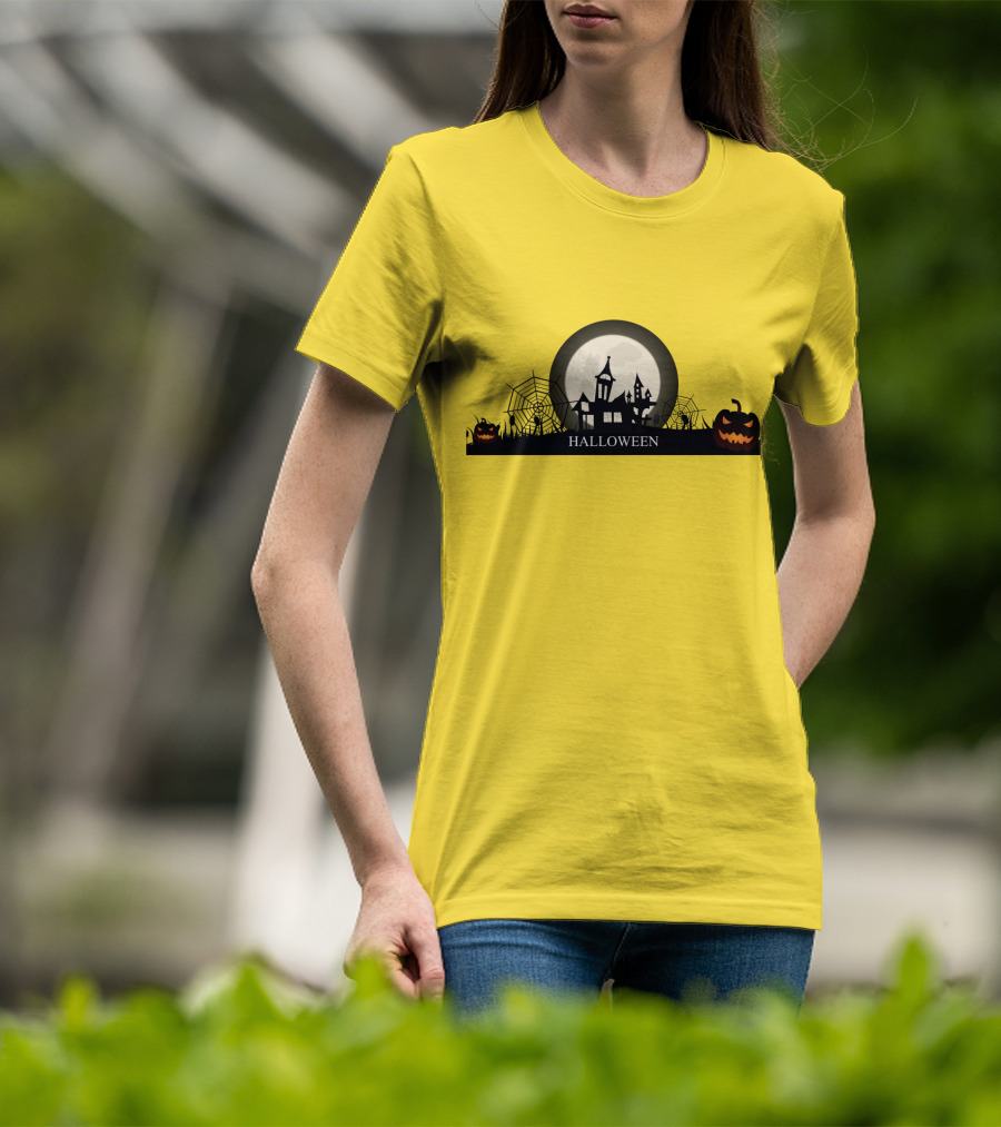 Haunted House And Jack-o'-Lantern Silhouette With Full Moon Halloween Scene T-Shirt