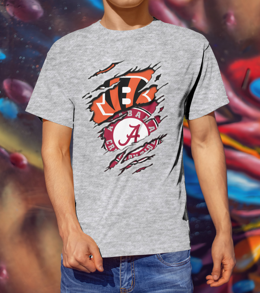Alabama Crimson Tide Cincinnati Bengals Ripped Logo Combo T-Shirt