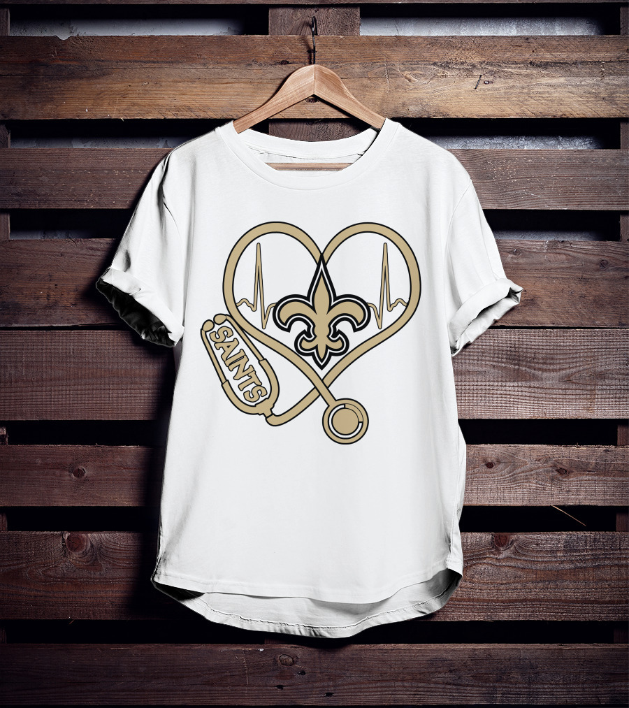 Nurse Love Saints Heartbeat Fleur-de-Lis Football T-Shirt