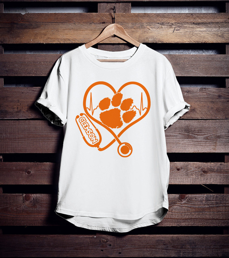 Clemson Tigers Nurse Heartbeat Paw Stethoscope T-Shirt