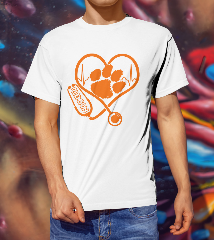 Clemson Tigers Nurse Heartbeat Paw Stethoscope T-Shirt