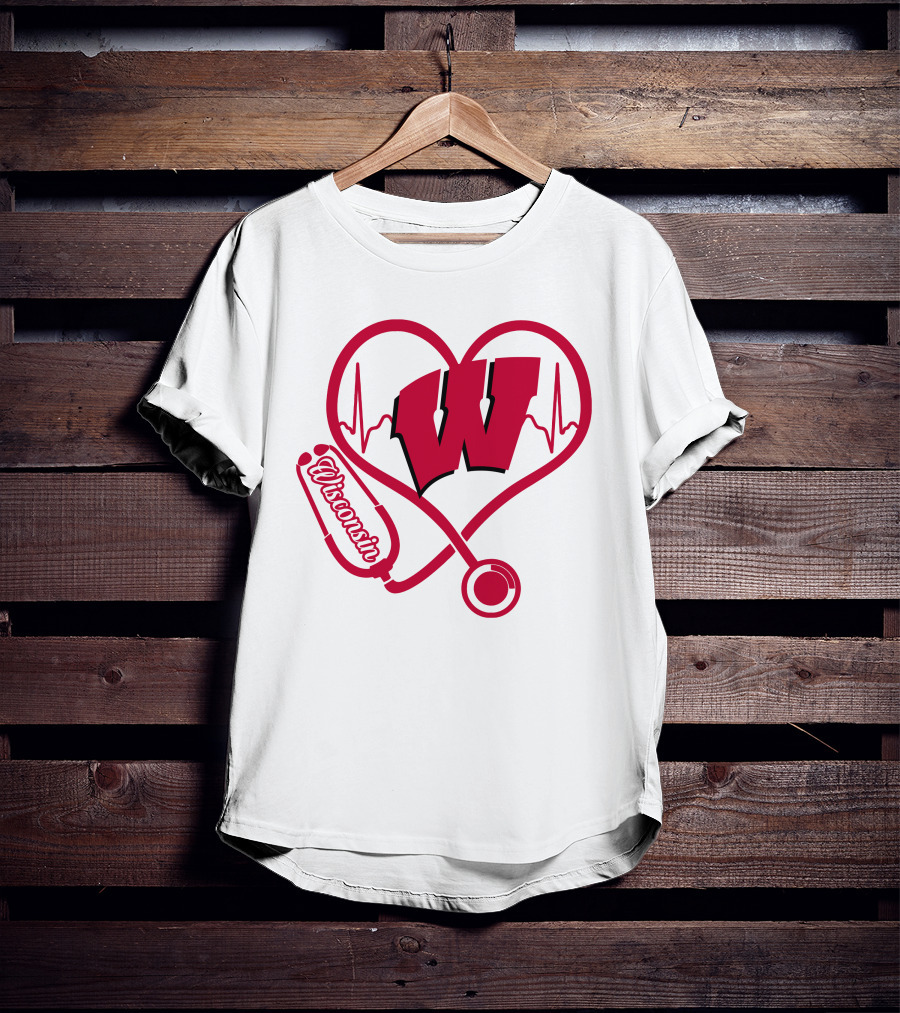 Nurse Love Wisconsin Badgers Heartbeat Stethoscope T-Shirt