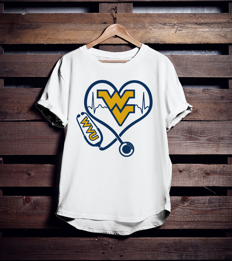 West Virginia Mountaineers Nurse Love WVU Stethoscope Heartbeat T-Shirt