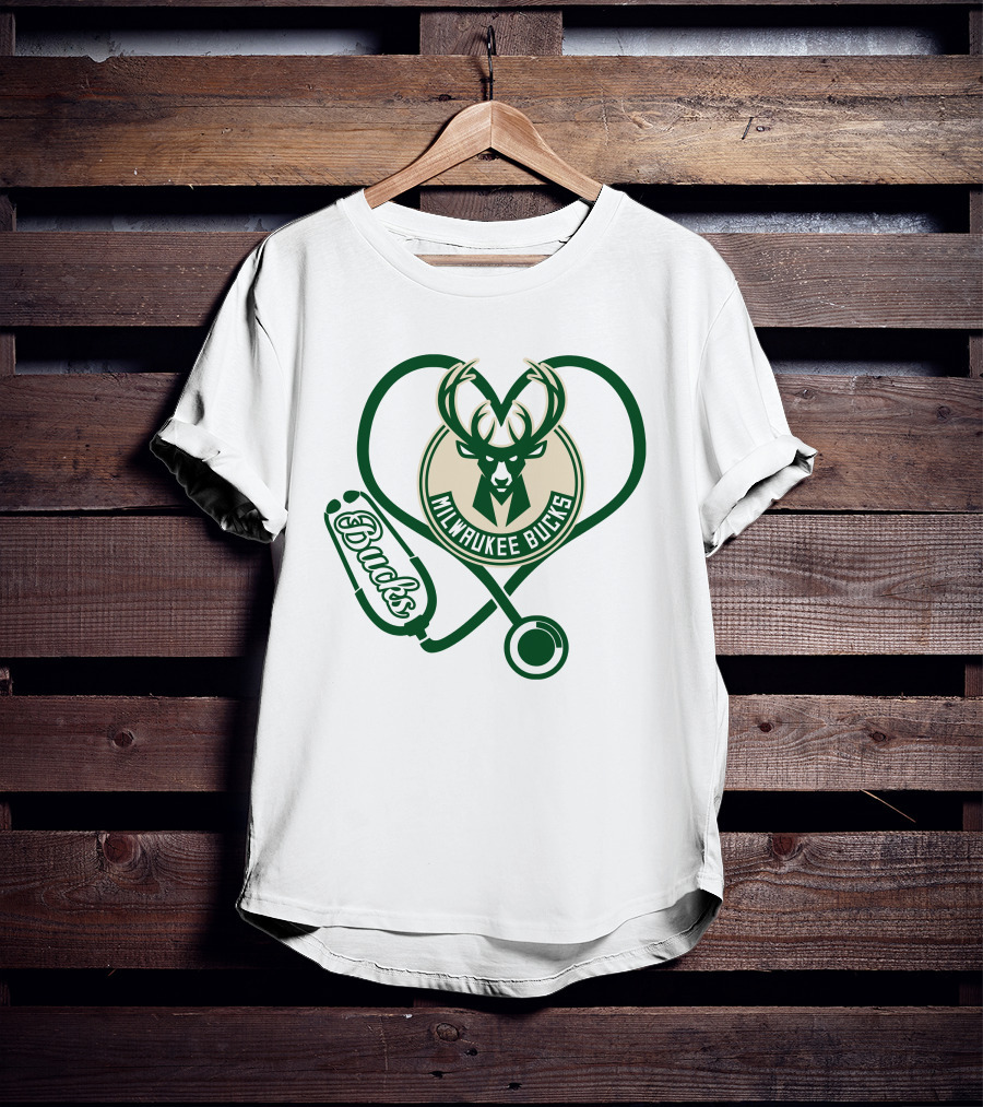 Milwaukee Bucks Nurse Love Heart Stethoscope T-Shirt