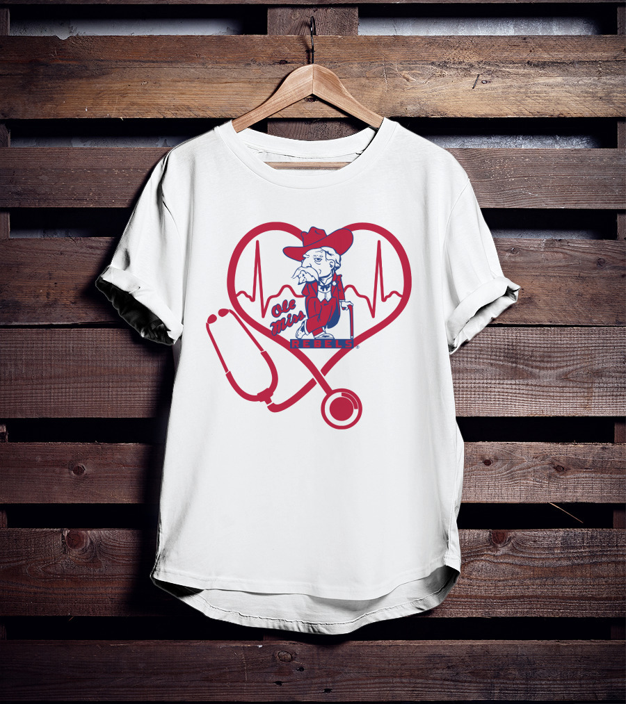 Nurse Love Ole Miss Rebels Heartbeat Stethoscope Mascot T-Shirt