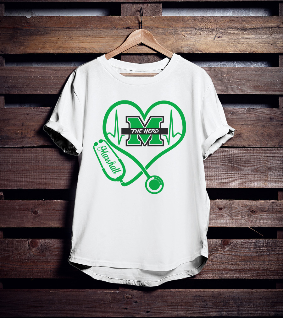Marshall Thundering Herd Nurse Love Heartbeat Stethoscope T-Shirt