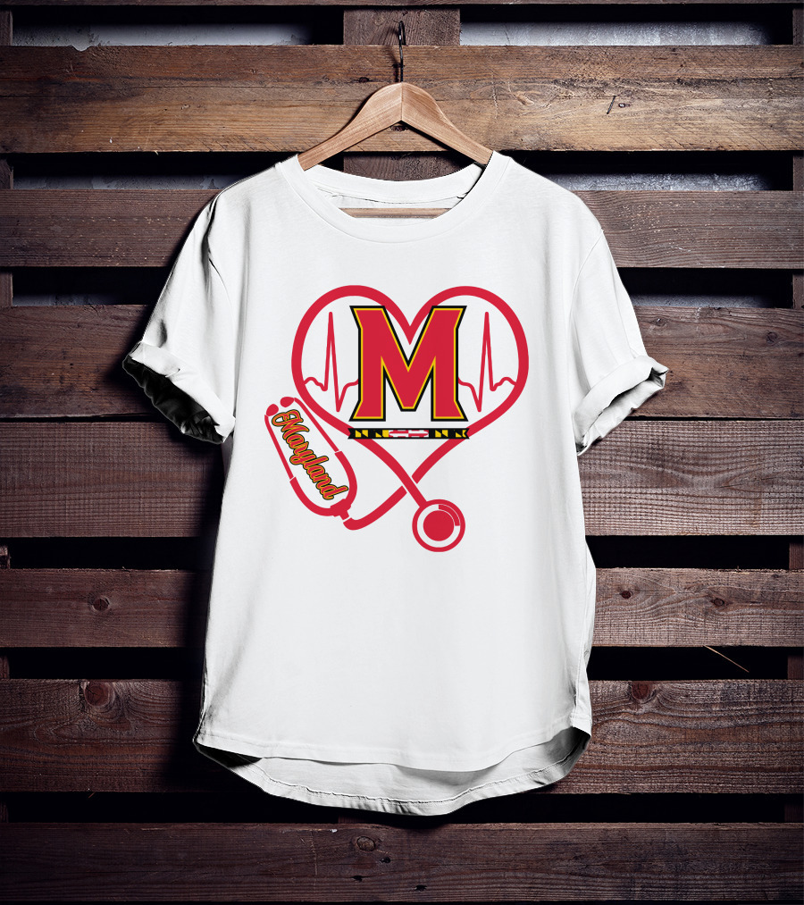 Nurse Love Maryland Terps Heartbeat Stethoscope T-Shirt