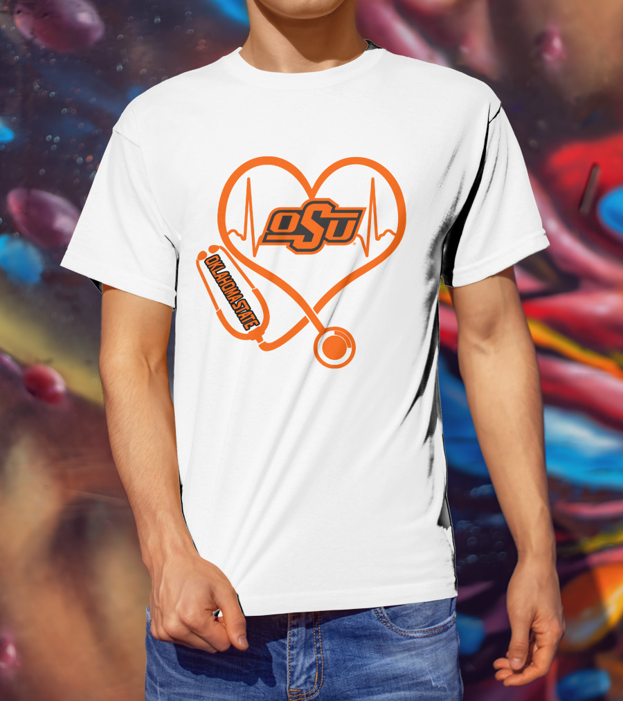 Oklahoma State Cowboys Nurse Love Heart Stethoscope T-Shirt
