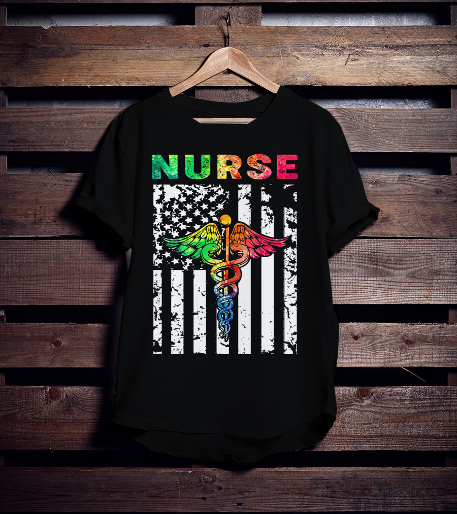 Nurse Usa Flag With Rainbow Caduceus Symbol T-Shirt