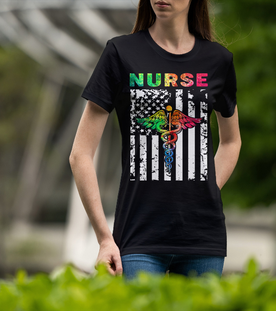 Nurse Usa Flag With Rainbow Caduceus Symbol T-Shirt