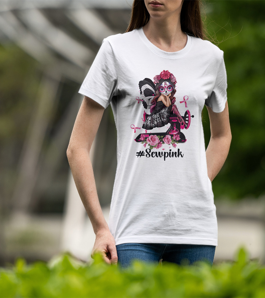 Sewpink Butterfly Sugar Skull Sewing Machine Ribbon Roses T-Shirt