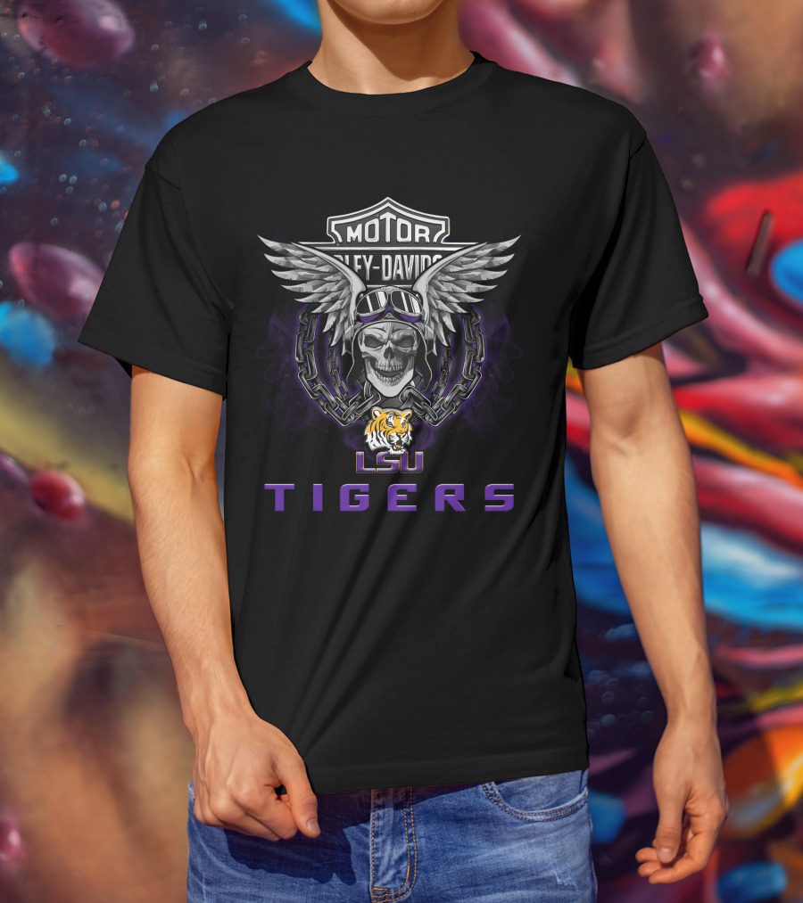 Harley Davidson Lsu Tigers Skull And Wings With Chain T-Shirt
