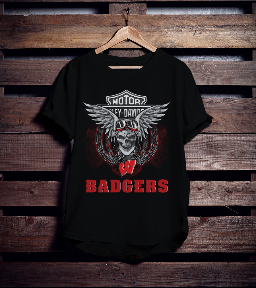 Harley Davidson Motor Skull Wing Wisconsin Badgers T-Shirt