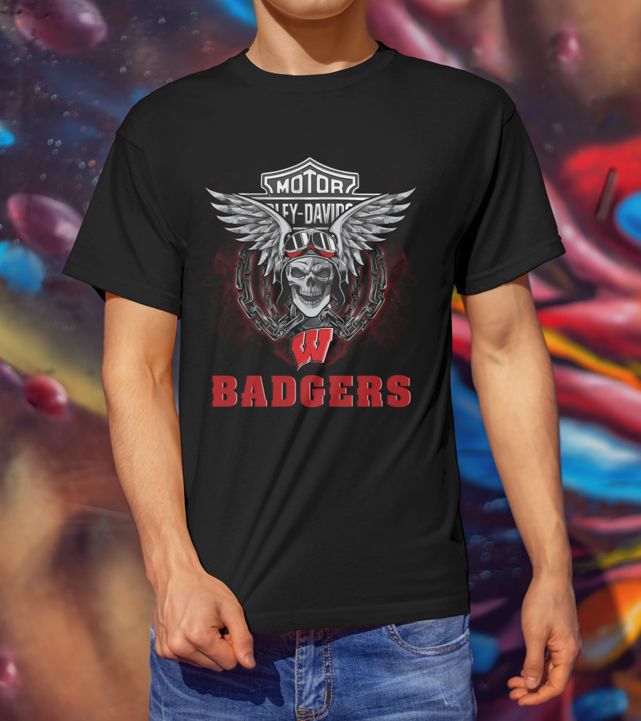 Harley Davidson Motor Skull Wing Wisconsin Badgers T-Shirt