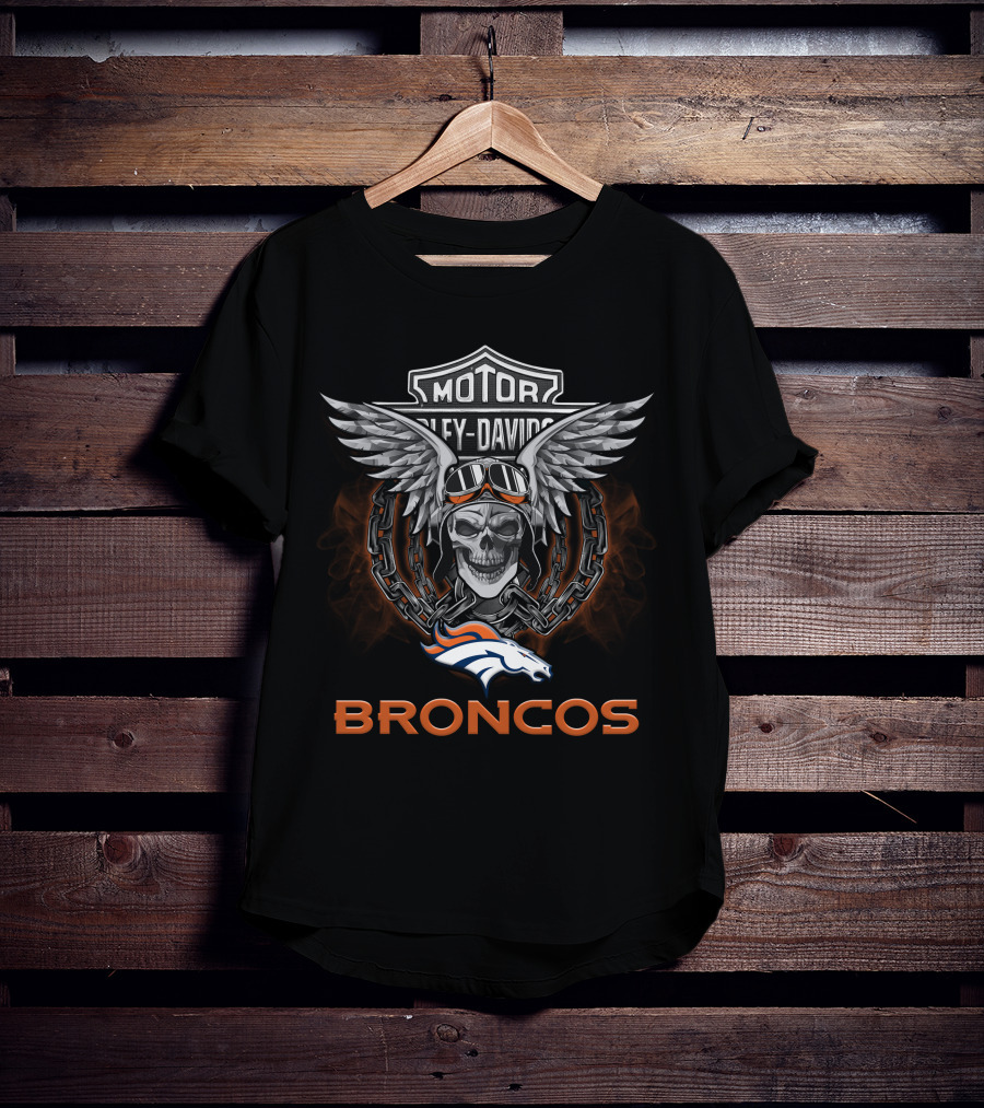 Harley Davidson Motorcycles Denver Broncos Nfl Skull Wings Chain T-Shirt